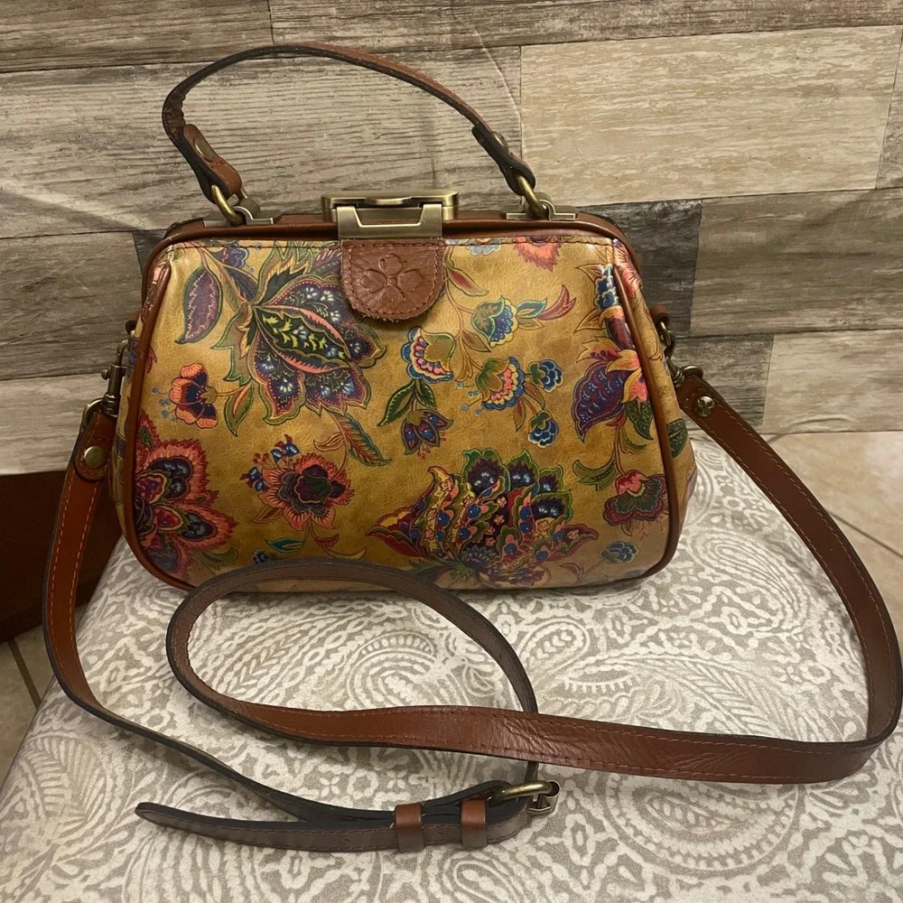 Patricia Nash Floral Paisley Leather Frame Bag Crossbody Satchel Tan Multi
